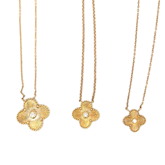 Yellow Gold Fluted Clover Necklace with Bezeled Diamond Center