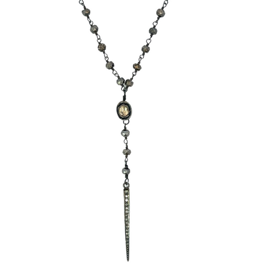 Pyrite Y Drop Necklace with Rose Cut Diamond Accent and Pave Diamond Spike