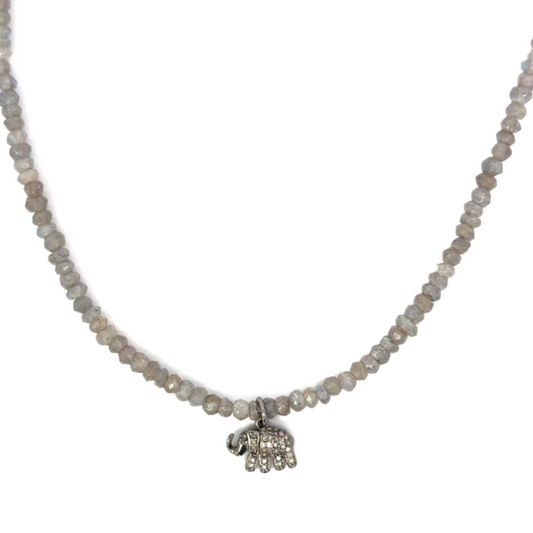 Strung Labradorite Necklace with Pave Diamond Elephant