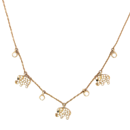 Pave Diamond Triple Elephant Station Necklace with Bezeled Diamond Accents