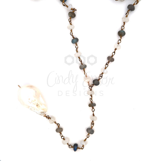 Labradorite and Moonstone Y Drop Necklace with Baroque Pearl Drop