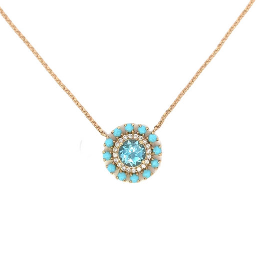 Blue Topaz Pendant Necklace with Turquoise Pave Halo