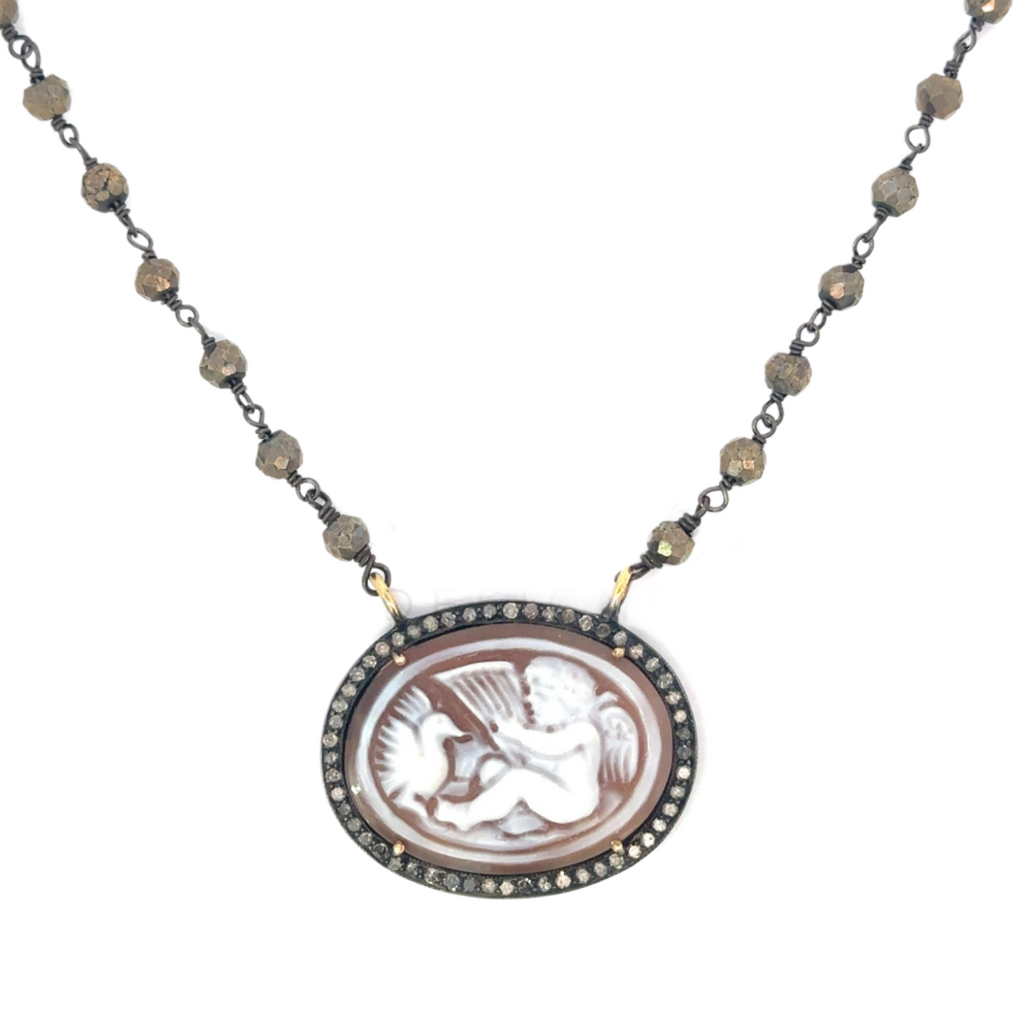 Cherub Cameo Pyrite Necklace with Pave Border