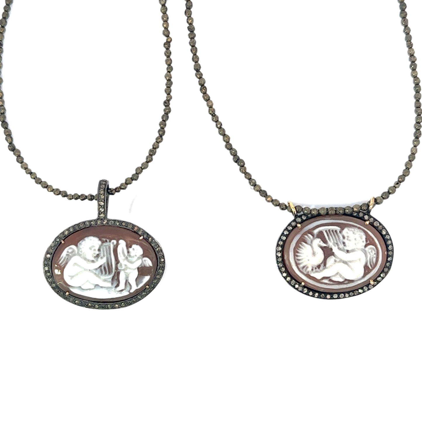 Cherub Oval Cameo Strung Pyrite Necklace with Pave Border