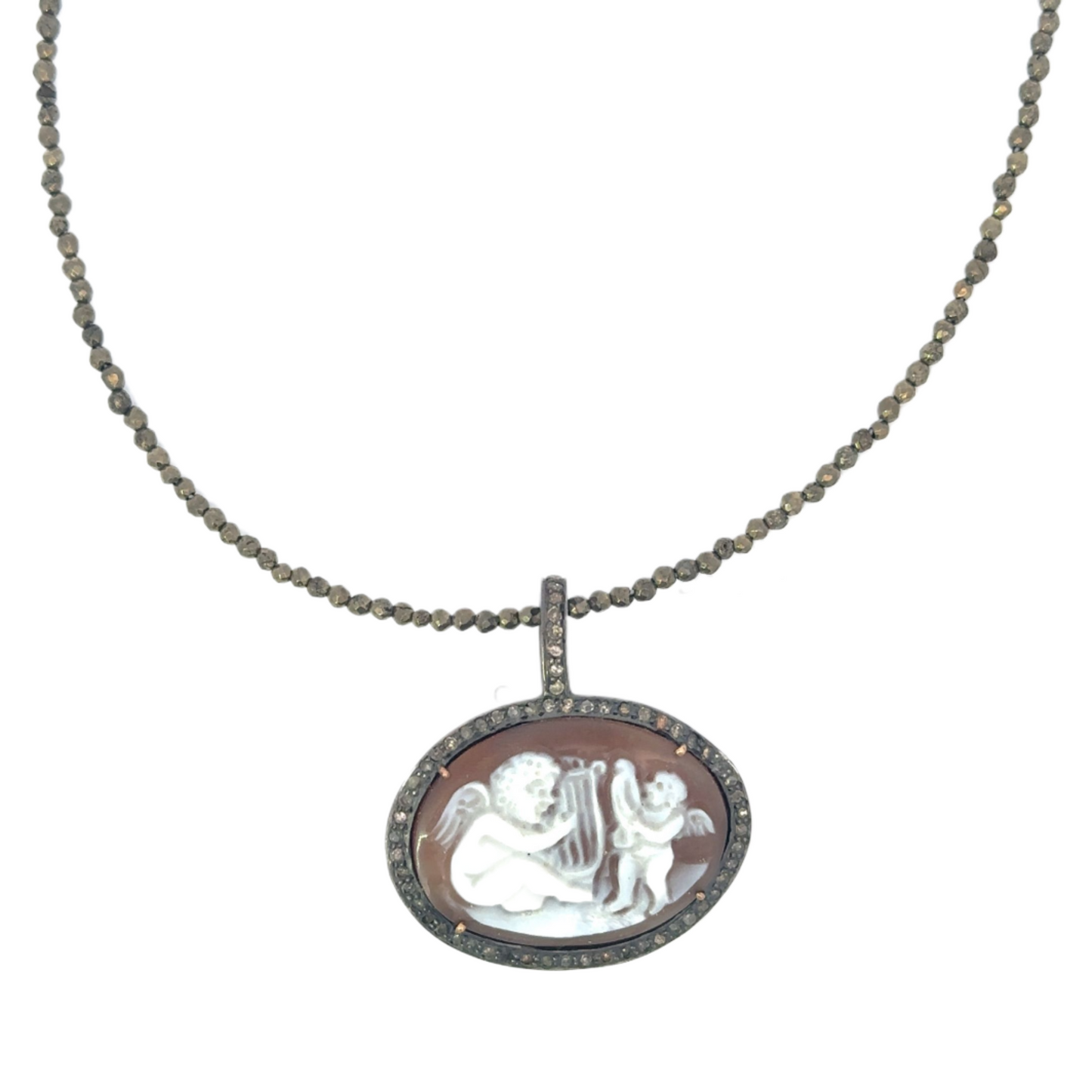 Cherub Oval Cameo Strung Pyrite Necklace with Pave Border