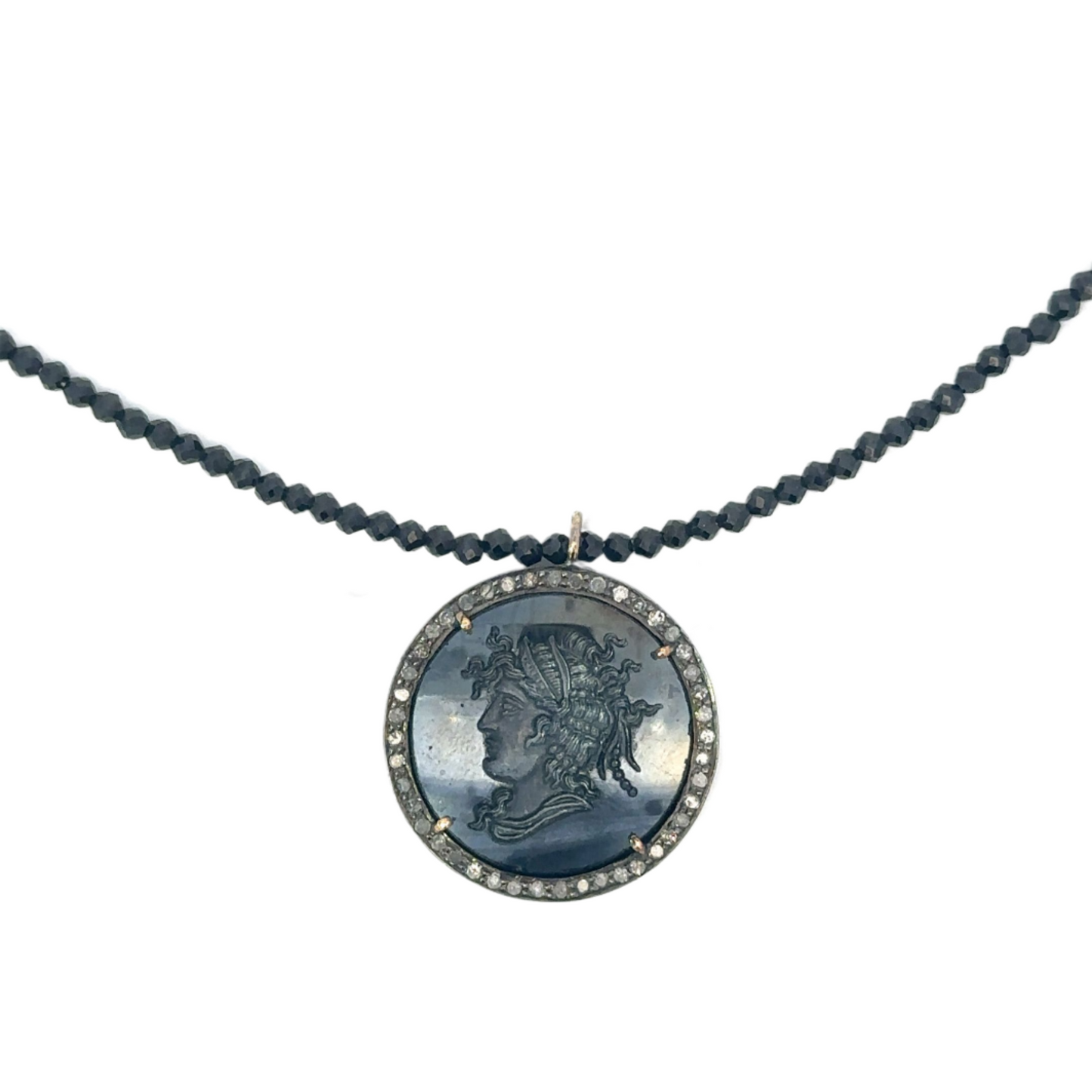Black Onyx Intaglio Black Spinel Necklace with Pave Diamond Border