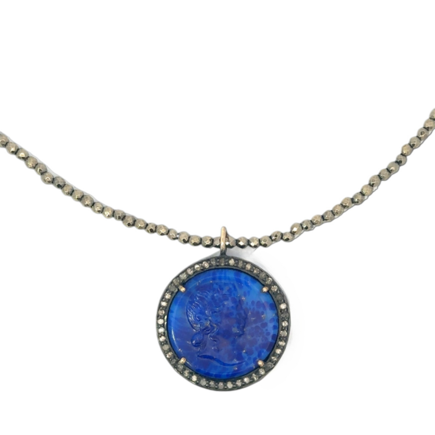 Lapis Intaglio Pyrite Necklace with Pave Diamond Border