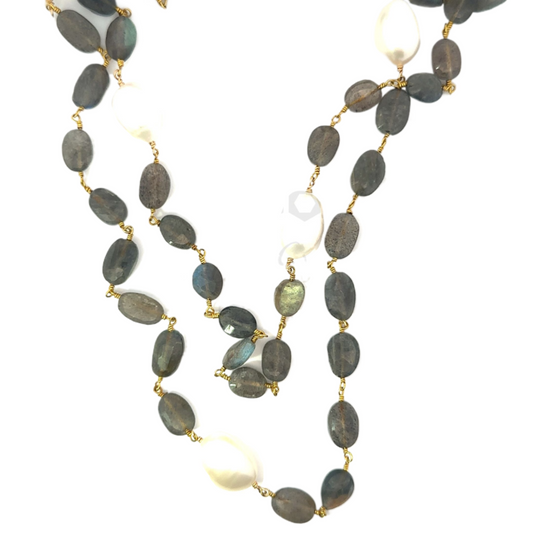 Oblong Shaped Labradorite Necklace with Baroque Pearls