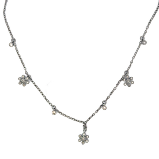 Pave Diamond 3 Flower and Bezeled Diamond Station Necklace