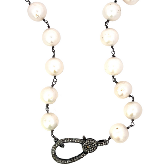 Wire Wrapped White Fresh Water Pearl Necklace with Elongated Pave Diamond Lobster