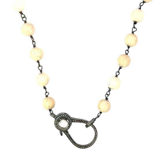 Ivory Agate Bead Necklace with Rose Cut Diamond Lobster