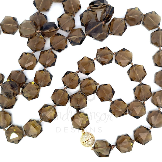 Hand Knotted Brown Crystal Hexagon Necklace with Gold Plated Magnetic Closure