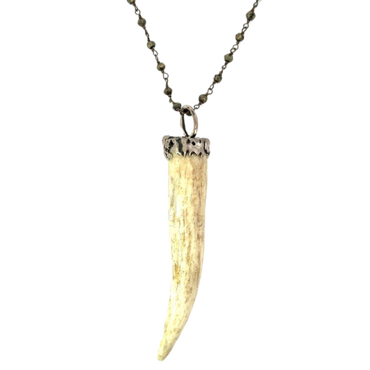 Pyrite Rosary Chain Necklace with Silver Bezeled Antler