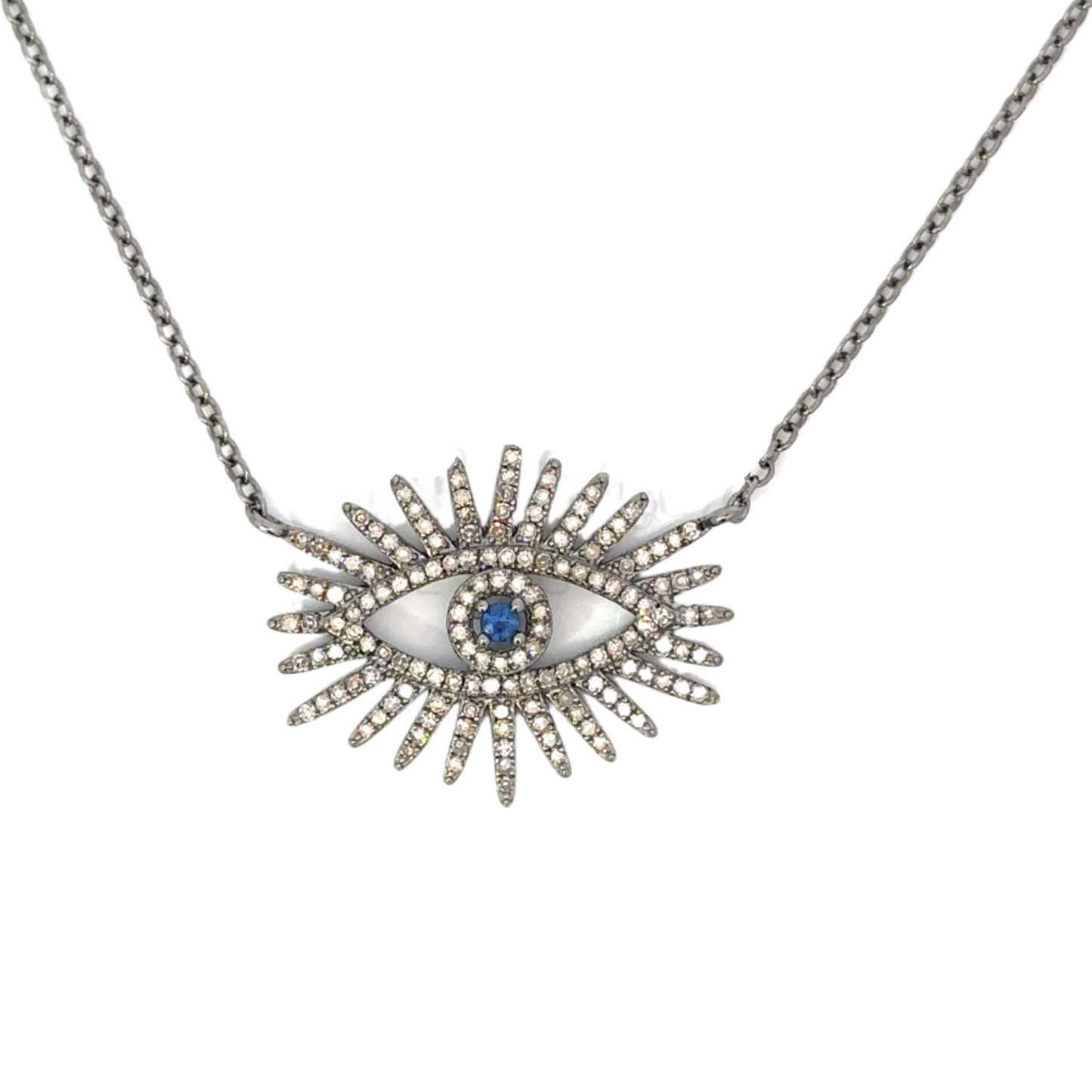 Sterling Pave Diamond and Blue Sapphire Evil Eye Necklace