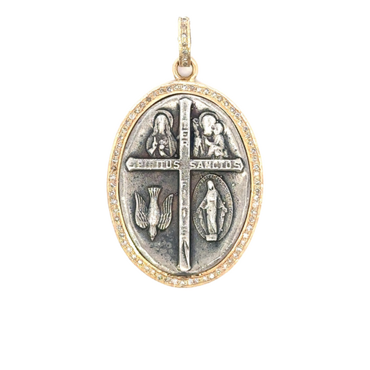 Sterling Silver and Yellow Gold Oval Religious Pendant with Pave Diamonds