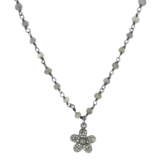 Labradorite Rosary Chain Necklace with Pave Diamond Flower