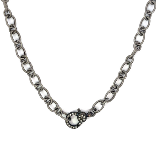 Short Sterling Oval Link Necklace with Oxidized Small Pave Lobster