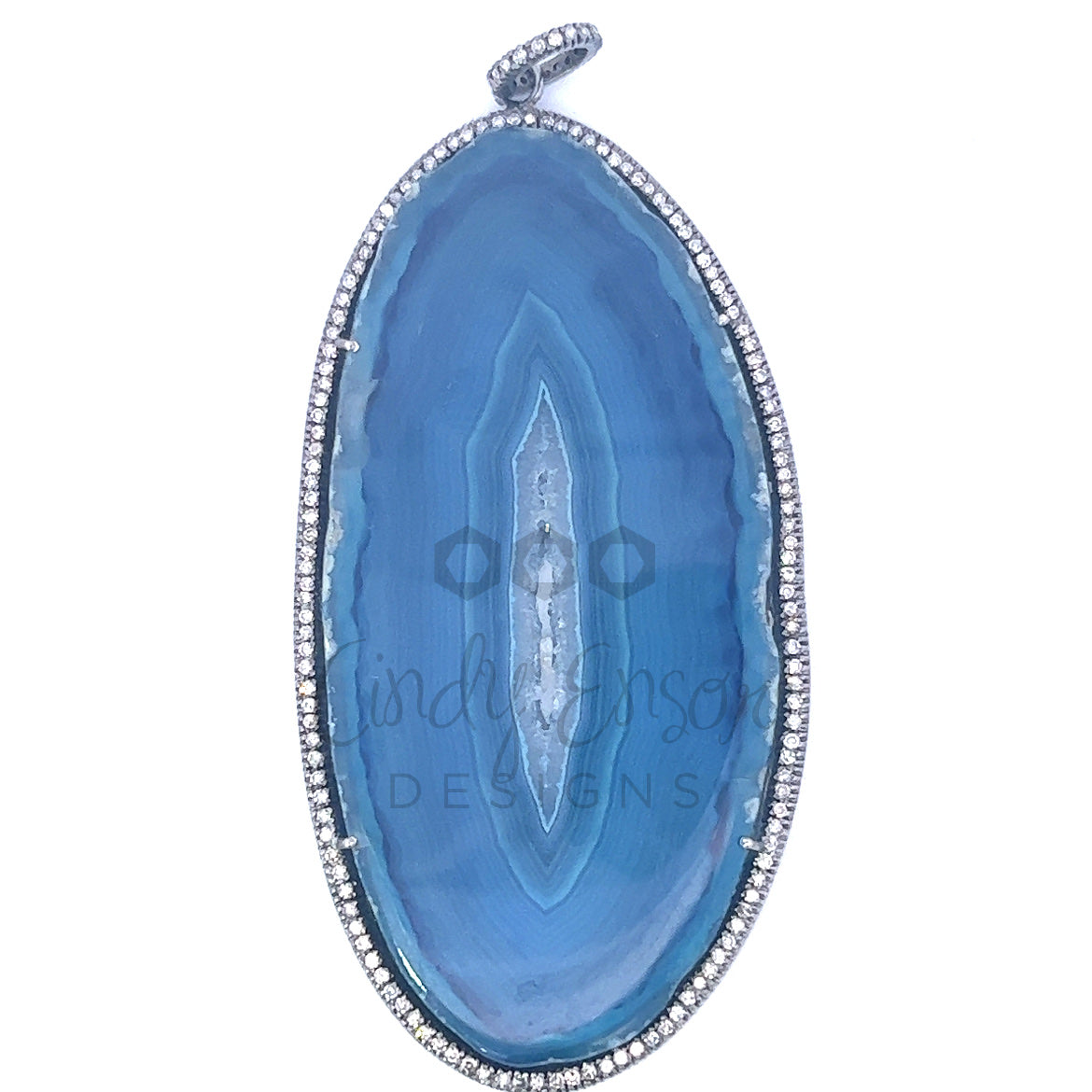 Large Oval Shaped Blue Agate Pendant with Pave Diamond Bezel