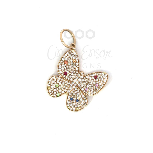 Yellow Gold Pave Diamond Butterfly Pendant with Rainbow Sapphire Accents