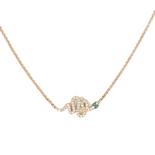 Pave Diamond Sideways Snake Necklace with Emerald Eye