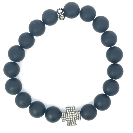 Matte Black Bead Bracelet with Sterling Pave Cross