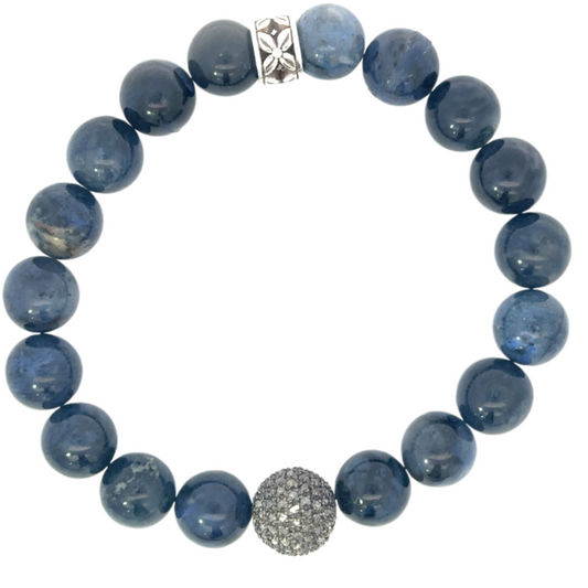 Blue Agate Bead Bracelet with Sterling Pave Diamond Accent Bead