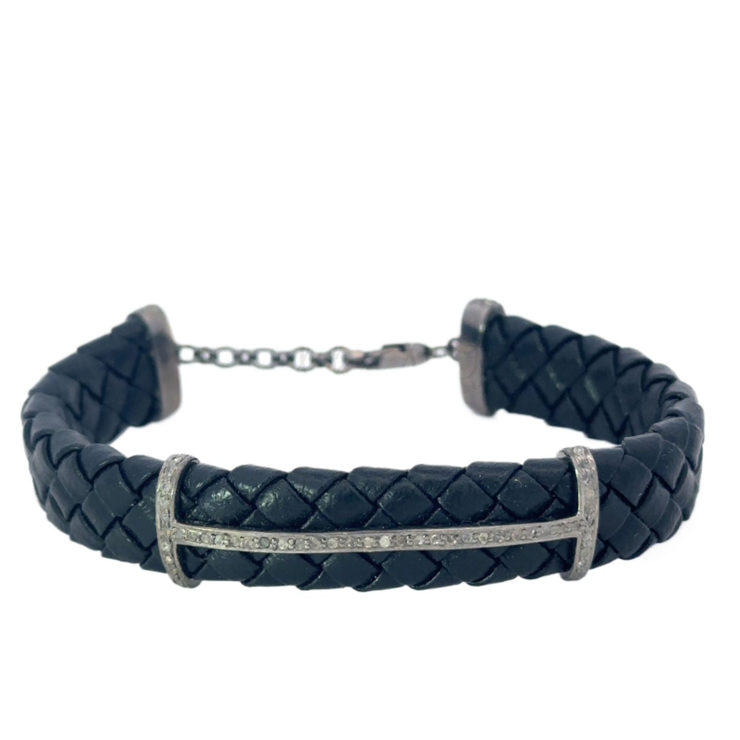 Braided Black Leather Adjustable Bracelet with Sterling Pave Accent