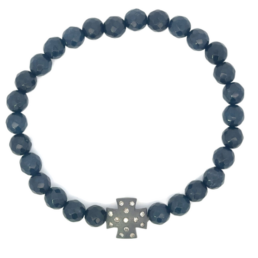 Navy Blue Bead Bracelet with Black Metal Diamond Cross Accent