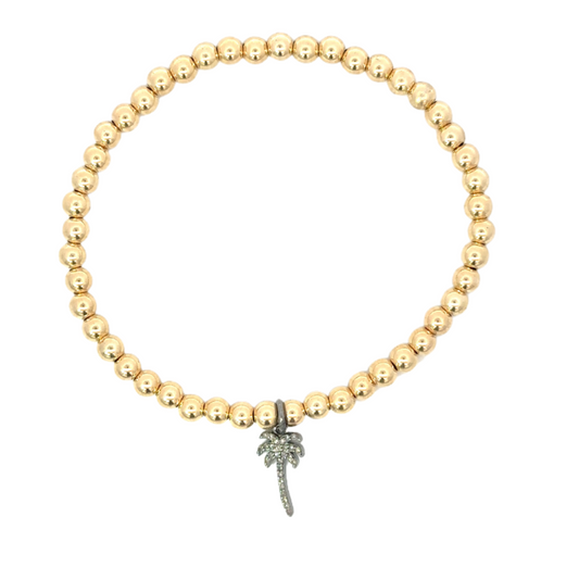 Yellow Gold Filled Bead Bracelet with Sterling Pave Palm Tree