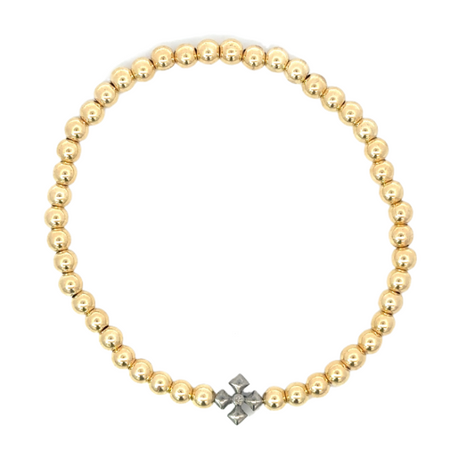 4mm Yellow Gold Filled Bead Bracelet with Sterling Tiny Cross with Center Diamond