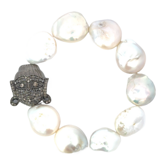 Flat Pearl and Medium Sterling Pave Diamond Buddha Bracelet