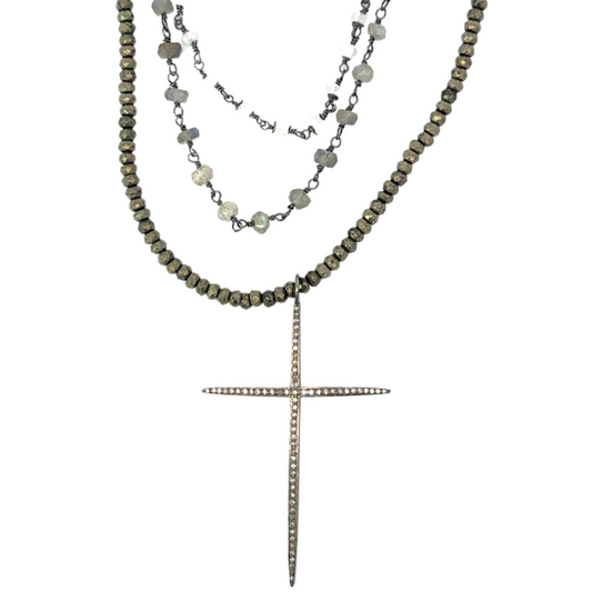 Triple Strand Large Pave Cross Necklace