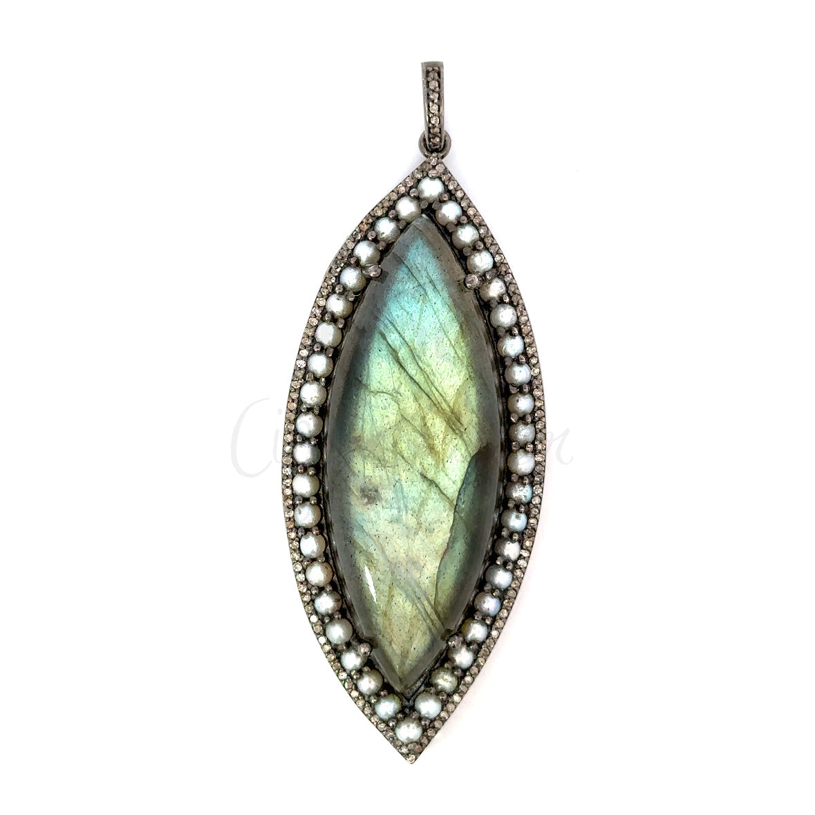 Marquise Labradorite Pendant with Pearl Border