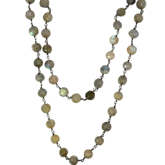 Long Silver Tone Faceted Labradorite Bead Necklace