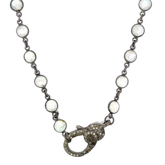 Sterling Bezeled Moonstone Chain with Single Sided Pave Lobster