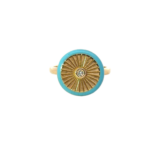 Circle Bezeled Diamond Ring with Turquoise Enamel Accent