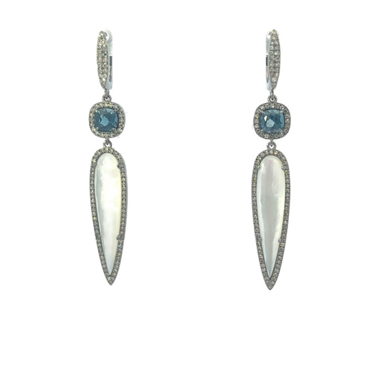 Sterling Silver Pave White MOP Tear Drop Earring with London Blue Topaz Accent