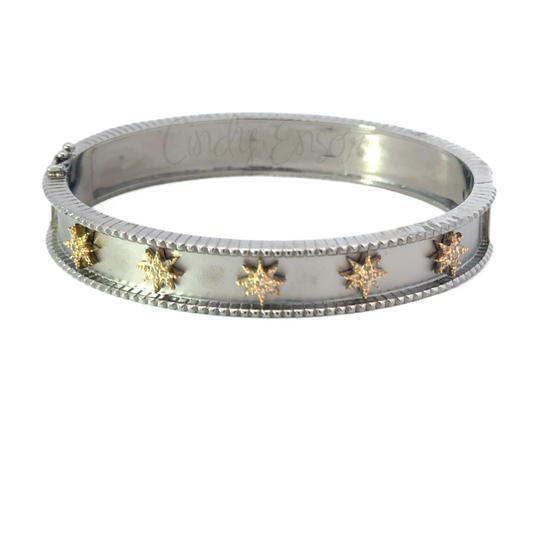 Sterling Bangle with Yellow Gold Pave Star Accents