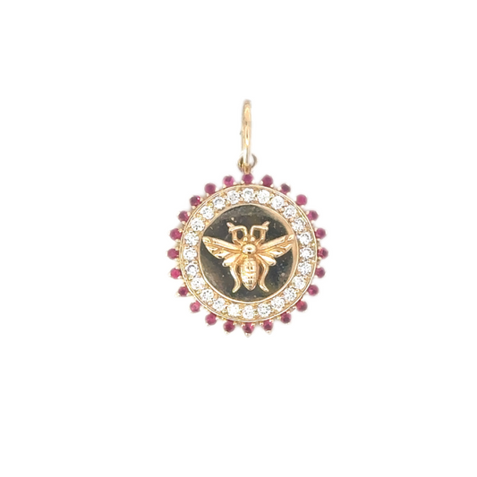 Yellow Gold Ruby Diamond Bee Disc Pendant