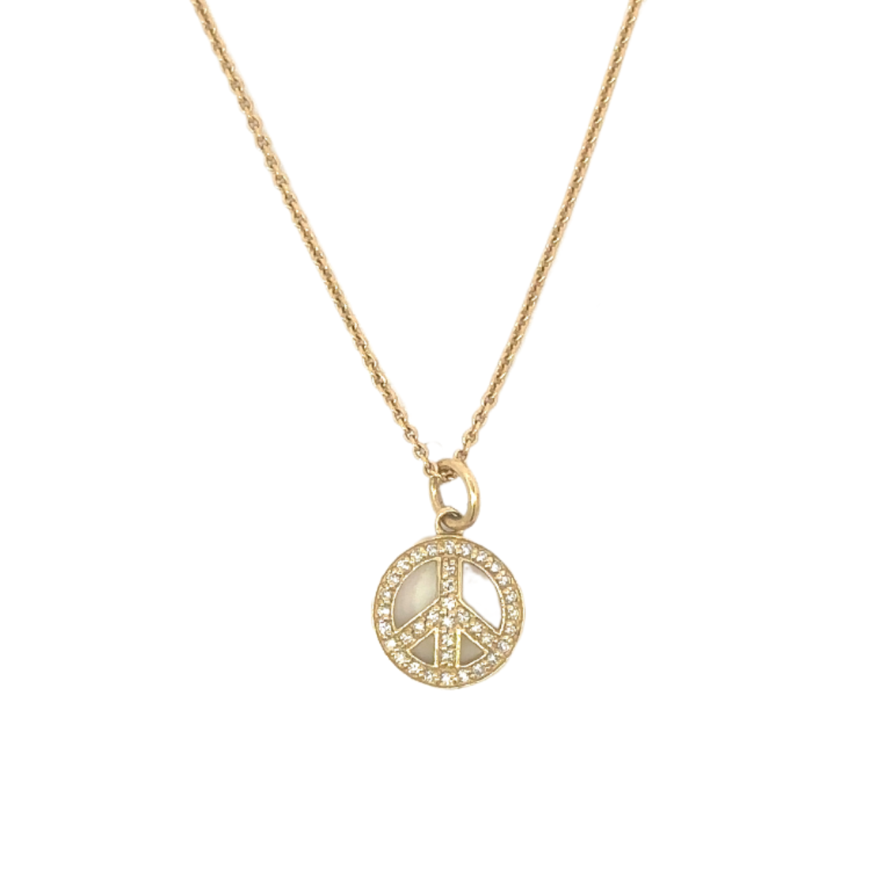 Yellow Gold Pave Peace Sign Charm Necklace