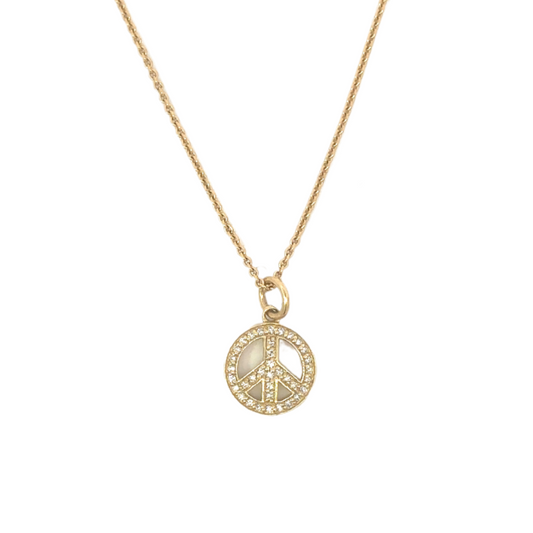 Yellow Gold Pave Peace Sign Charm Necklace