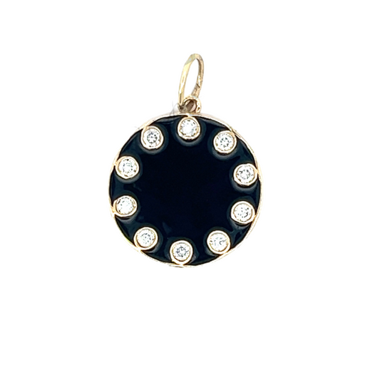 Yellow Gold and Black Enamel Circle Pendant with Bezeled Diamonds