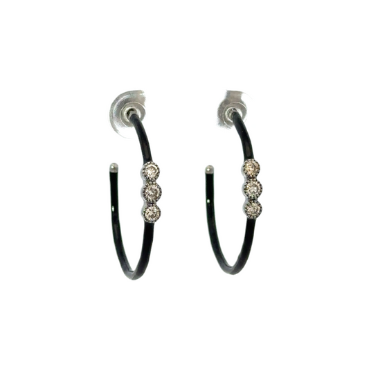 Sterling 1" Black Enamel Triple Diamond Hoop Earring