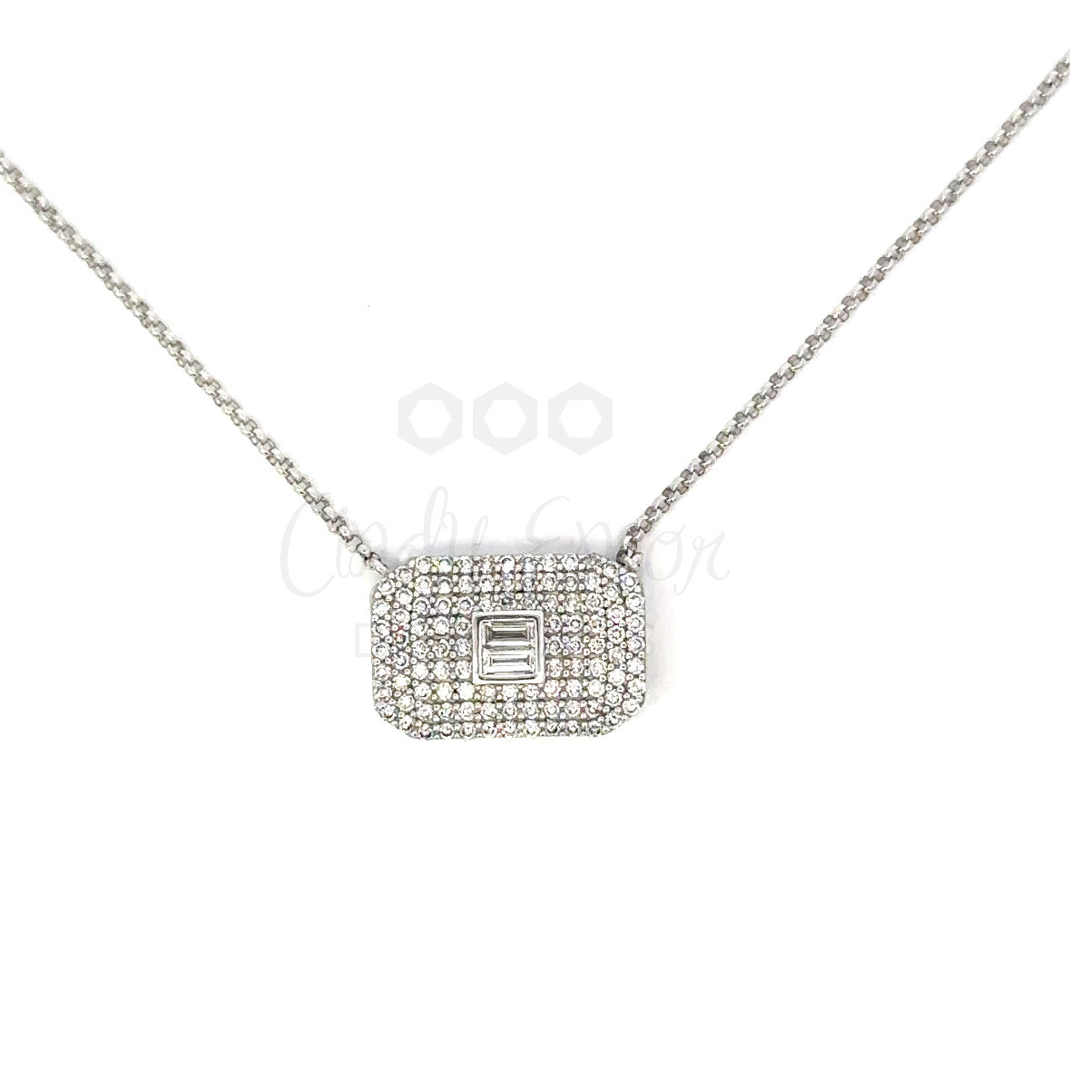 Pave Rectangle Shaped Necklace with Emerald Cut Diamond