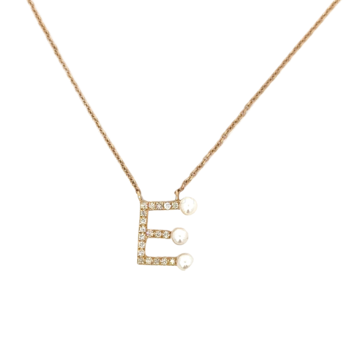 Yellow Gold Pave "E" Necklace with Pearl Accents