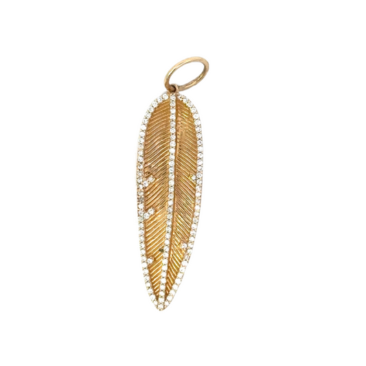 Yellow Gold Feather Pendant with Pave Accent