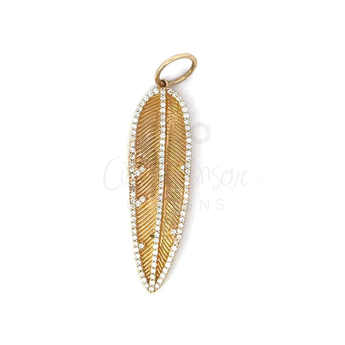 Yellow Gold Feather Pendant with Pave Accent