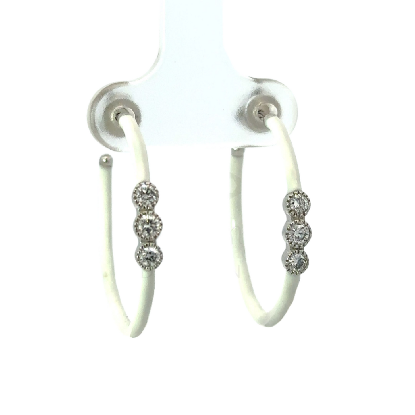 White Enamel Triple Diamond Hoop Earring