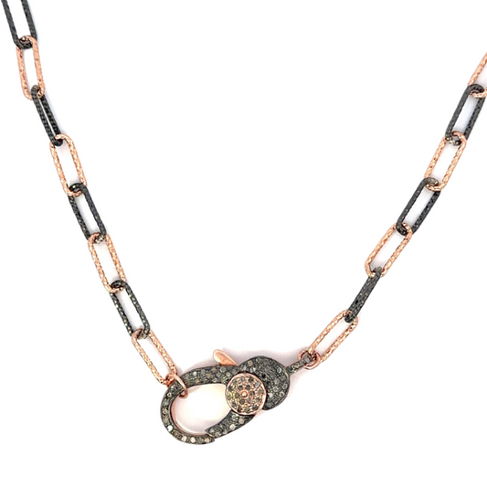 Rose Gold Two Tone Paper Clip Necklace with Single Sided Pave Lobster