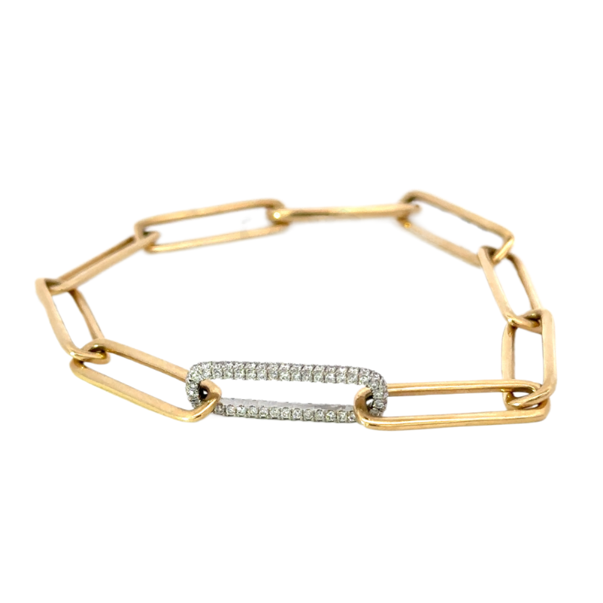 Yellow Gold Paper Clip Bracelet with Pave Diamond Link